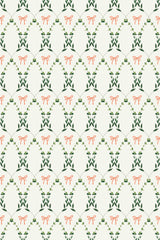 Elegant repeating pattern of green vines and coral bows on an off-white background, Country Floral Bow peel and stick removable wallpaper.