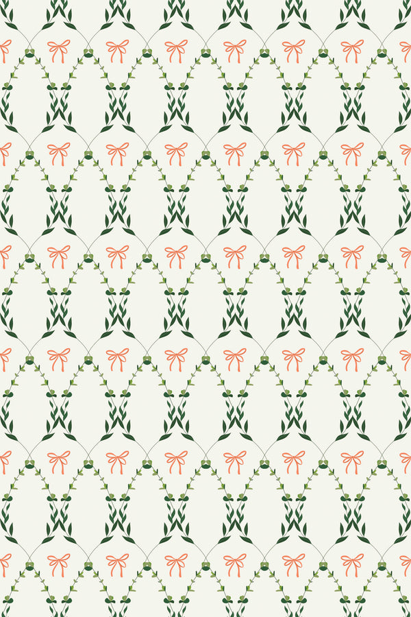 Elegant repeating pattern of green vines and coral bows on an off-white background, Country Floral Bow peel and stick removable wallpaper.