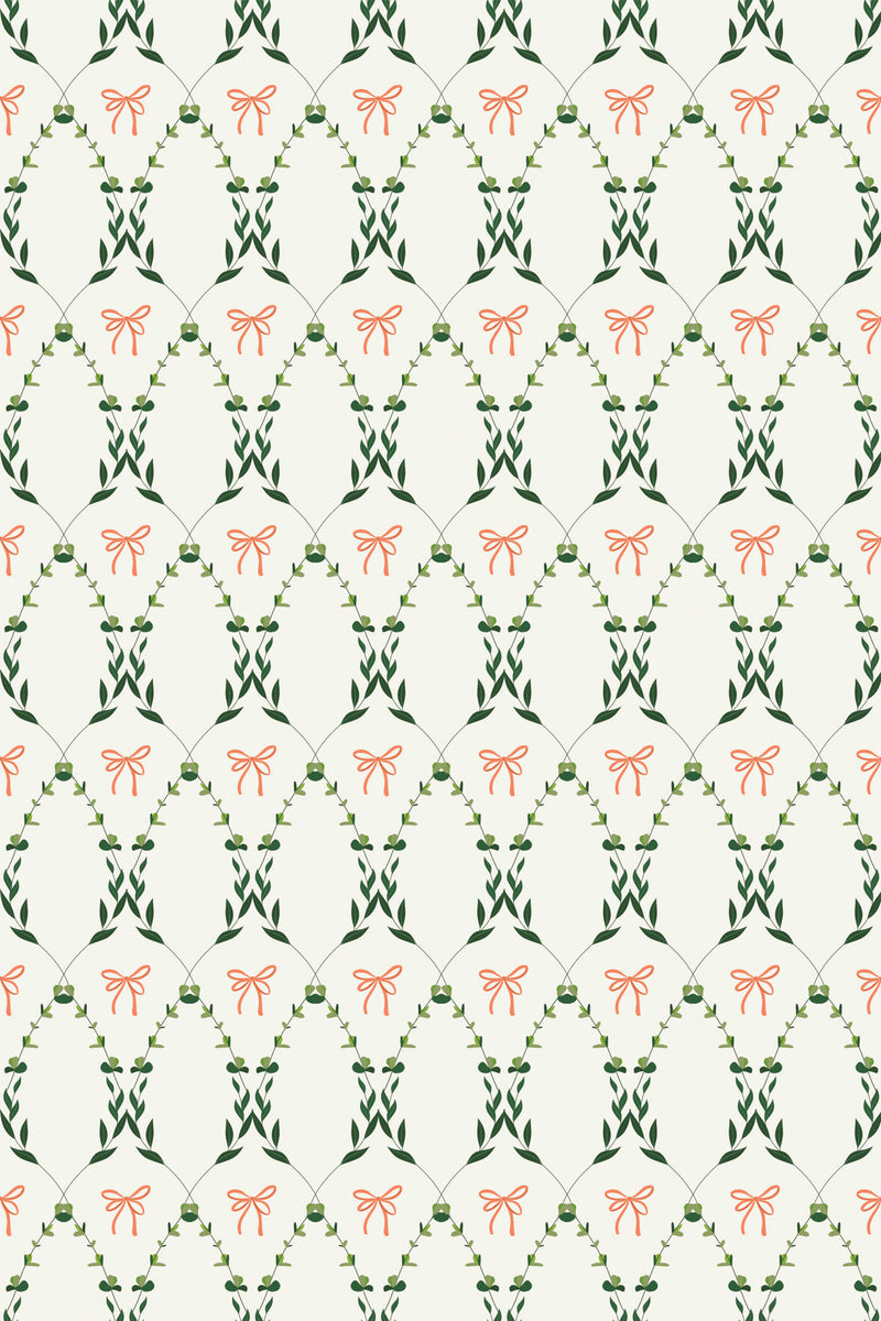 Elegant repeating pattern of green vines and coral bows on an off-white background, Country Floral Bow peel and stick removable wallpaper.