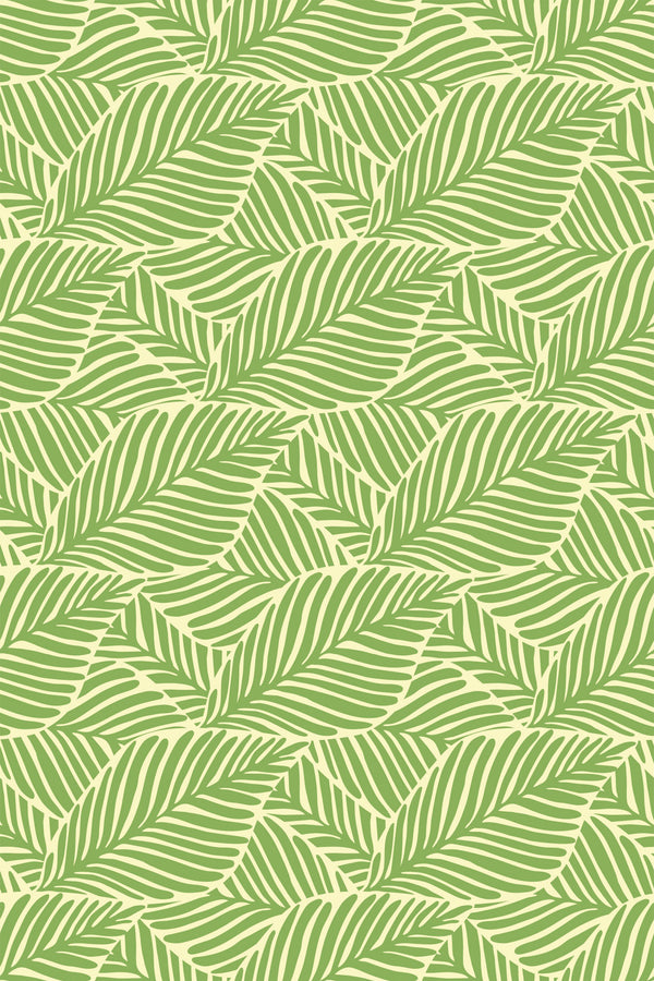 Pattern of overlapping green leaves on a light background, creating a vintage botanical look for a peel and stick removable wallpaper.