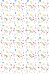 A charming pattern with pink and yellow flowers, green leaves, and delicate blue stars on a white background, ideal for a child's room, named Cute Childhood Floral peel and stick removable wallpaper.