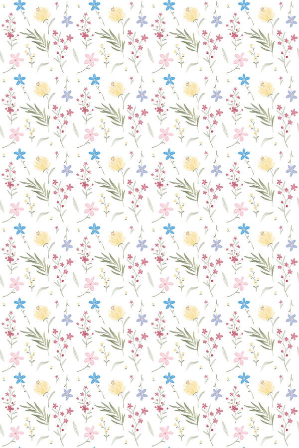 A charming pattern with pink and yellow flowers, green leaves, and delicate blue stars on a white background, ideal for a child's room, named Cute Childhood Floral peel and stick removable wallpaper.