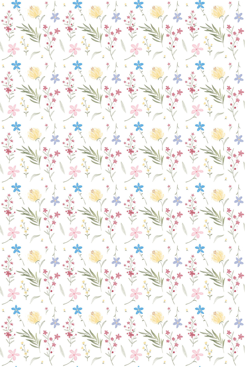 A charming pattern with pink and yellow flowers, green leaves, and delicate blue stars on a white background, ideal for a child's room, named Cute Childhood Floral peel and stick removable wallpaper.