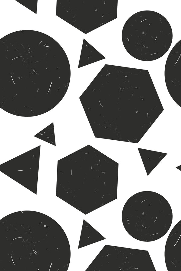 Abstract geometric shapes in black on white background, including circles, triangles, and hexagons, forming a modern pattern for peel and stick removable wallpaper.