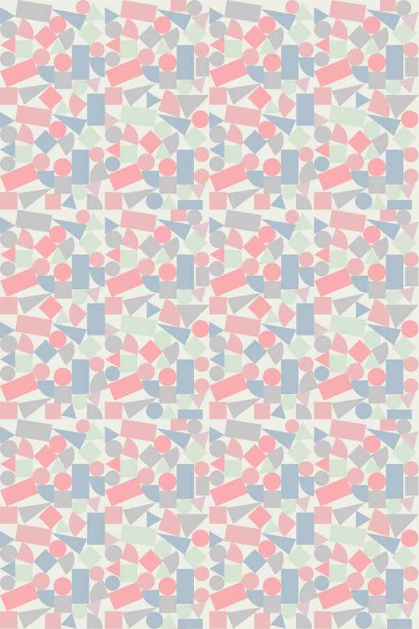 Colorful geometric shapes forming a playful pattern suitable for a child's room, peel and stick removable wallpaper.