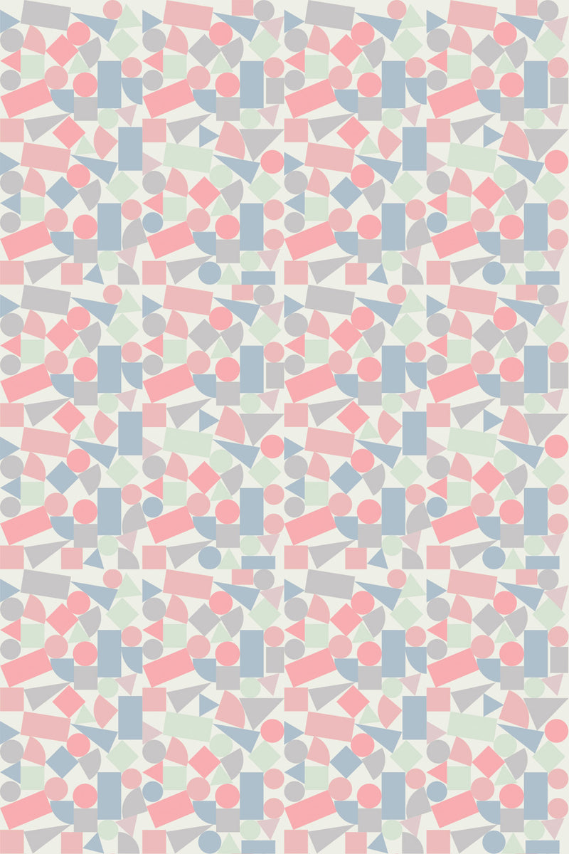 Colorful geometric shapes forming a playful pattern suitable for a child's room, peel and stick removable wallpaper.