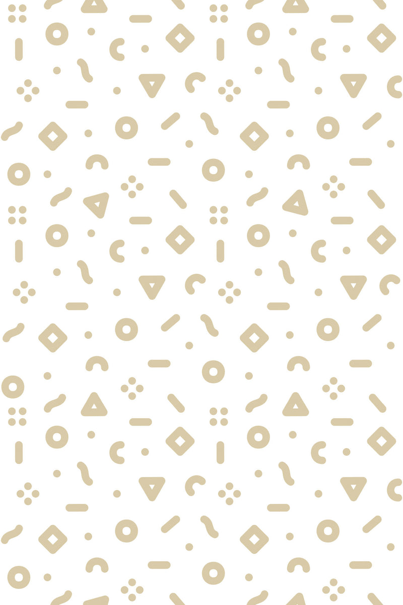 Pattern of playful abstract shapes in a neutral color palette on a white background, ideal for a modern children's room, peel and stick removable wallpaper.