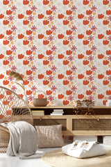 Orange and white Bold Abstract Tulip design on room wallpaper, with large tulip motifs in a repeating pattern, creating a vibrant backdrop in a space furnished with modern decor, traditional wallpaper.