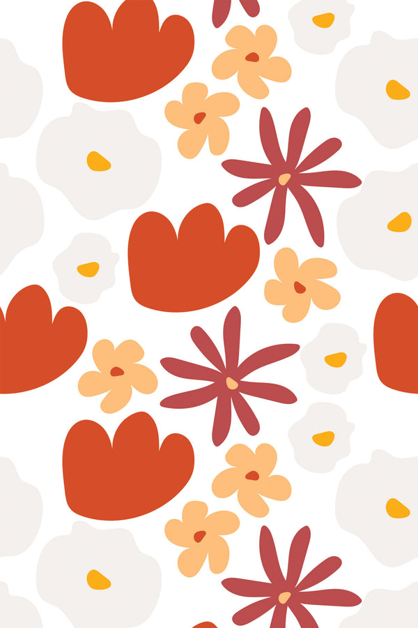 Boldly stylized tulips and flowers in red, orange, and cream hues on peel and stick removable wallpaper.