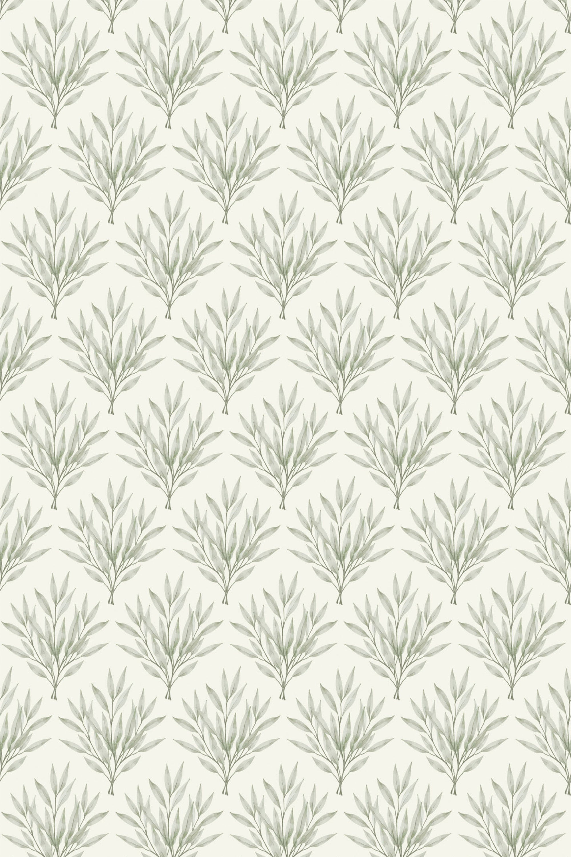 A pattern of stylized olive branches in even rows on a neutral background, offering a calming botanical aesthetic for a peel and stick removable wallpaper.