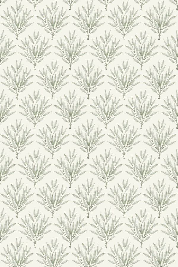 A pattern of stylized olive branches in even rows on a neutral background, offering a calming botanical aesthetic for a peel and stick removable wallpaper.