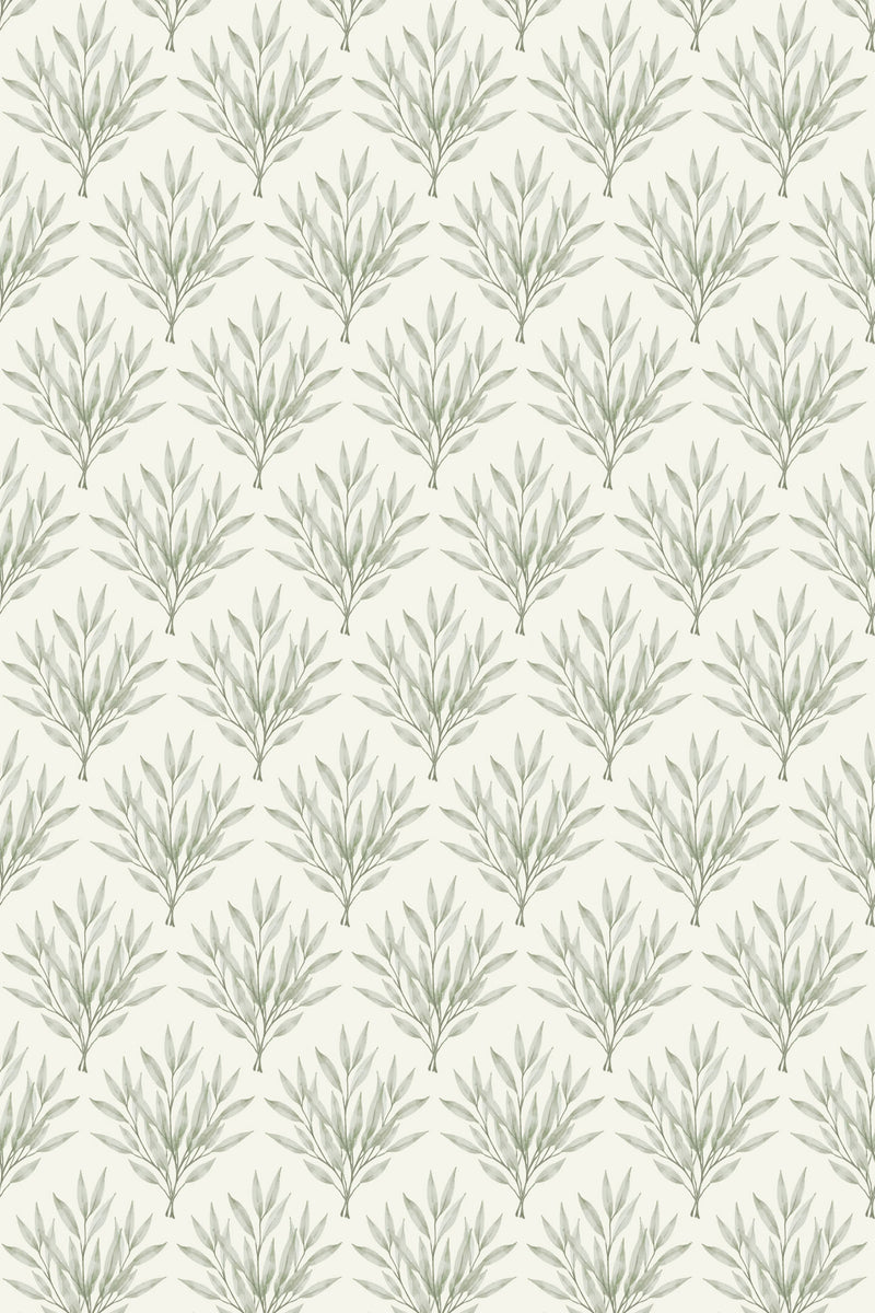 A pattern of stylized olive branches in even rows on a neutral background, offering a calming botanical aesthetic for a peel and stick removable wallpaper.