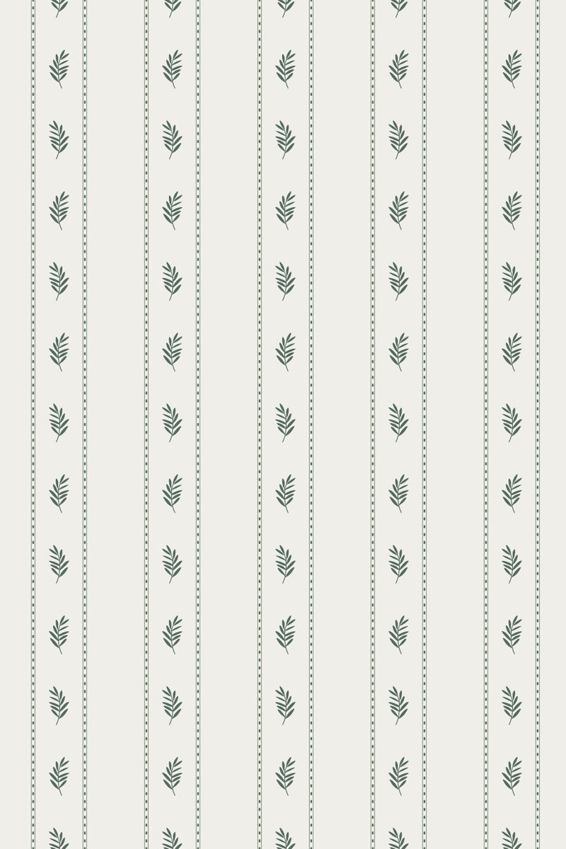 Elegant olive branch patterns on vertical lines against a pale background, named Vintage Olive Branch Lines, peel and stick removable wallpaper.