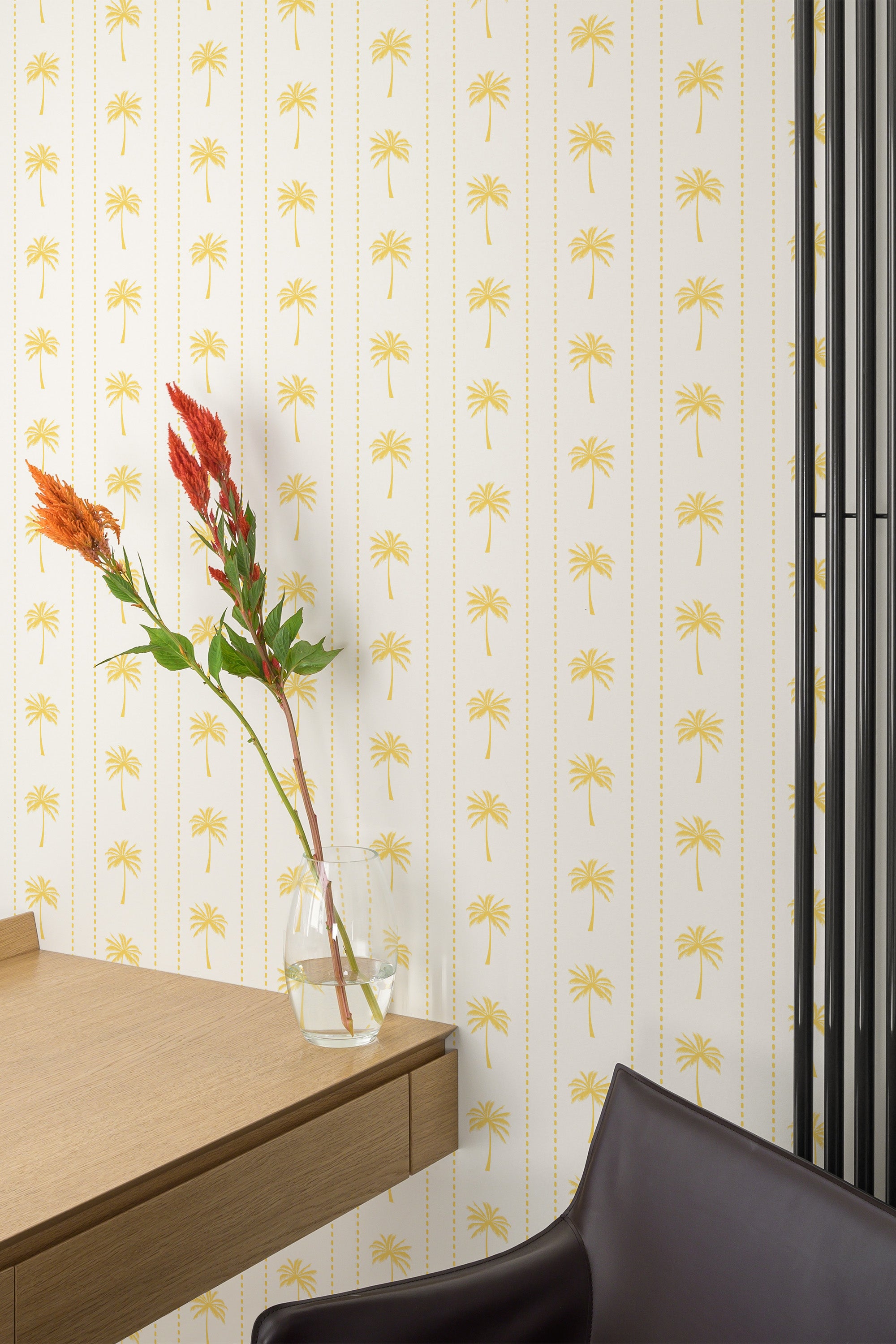 Self-adhesive Vintage Sunny Palm wallpaper with a pattern of golden palm motifs set against a white background with vertical yellow stripes.