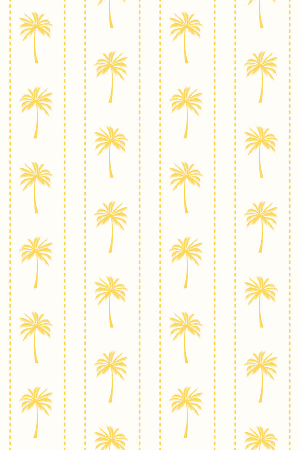 Golden palm trees lined in columns with dotted yellow vertical stripes on a cream background, Vintage Sunny Palm peel and stick removable wallpaper.