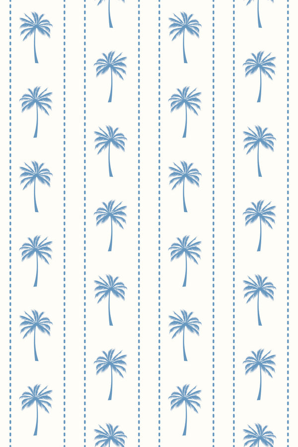 Blue palm trees in rows separated by dotted lines on a white background, Vintage Coastal Palm pattern, peel and stick removable wallpaper.