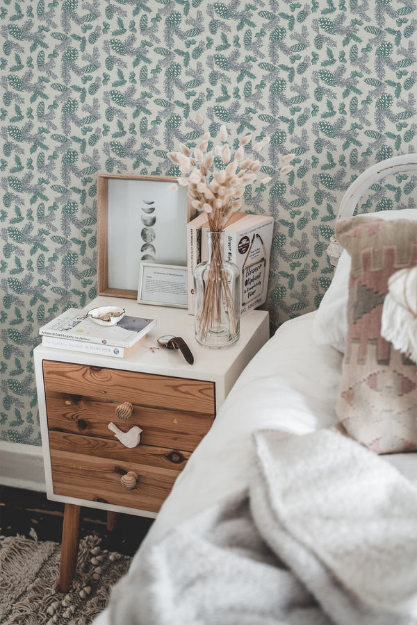 chic bedroom interior nightstand picture frame decor gray winter pine traditional wallpaper