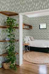 bedroom cozy interior green plants round carpet green winter forest peel & stick wallpaper