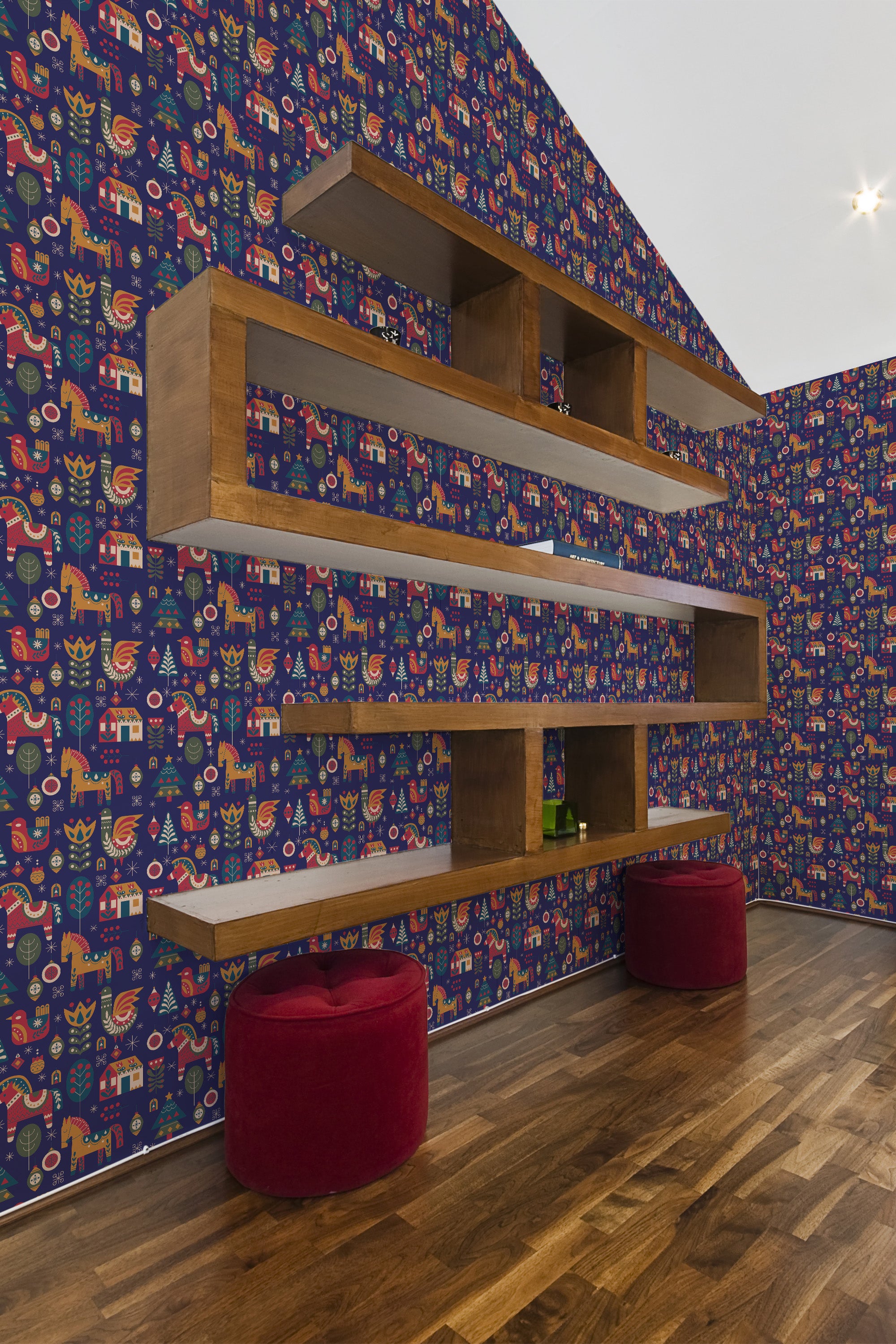 modern living room shelf velour puff chairs scandinavian christmas wallpaper stick and peel