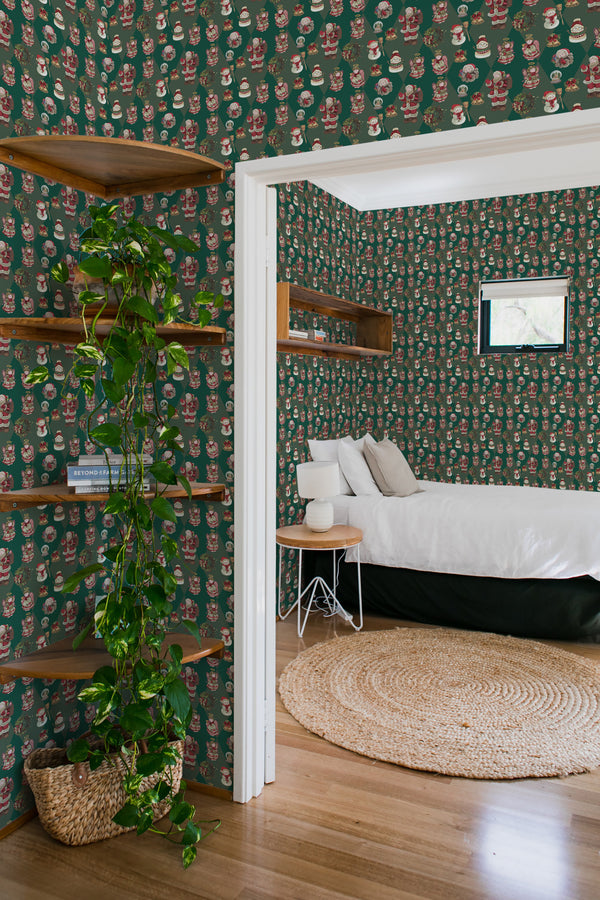 bedroom cozy interior green plants round carpet retro christmas peel & stick wallpaper