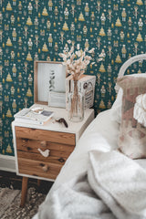 chic bedroom interior nightstand picture frame decor nutcracker traditional wallpaper
