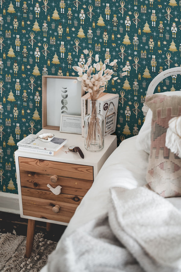 chic bedroom interior nightstand picture frame decor nutcracker traditional wallpaper