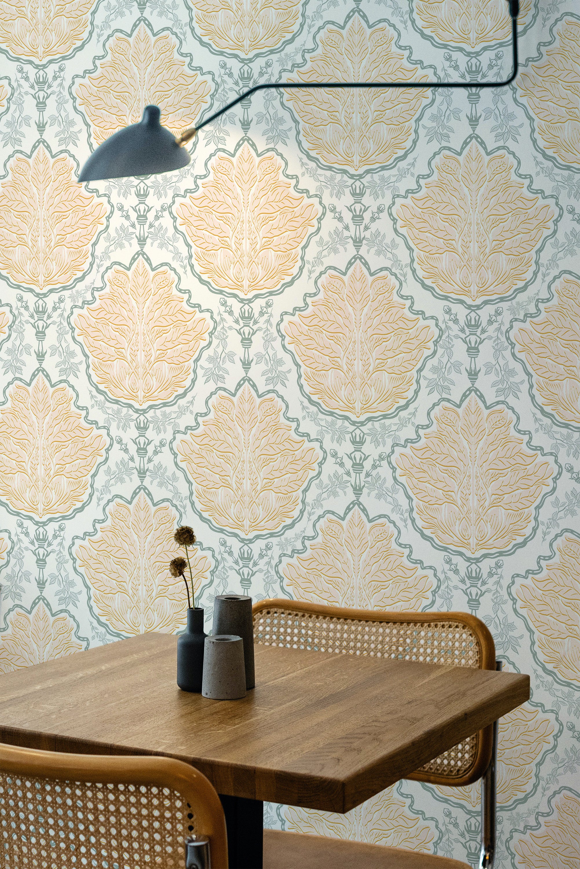 wooden dining table rattan chairs light botanical elegance by sara t peel and stick wallpaper