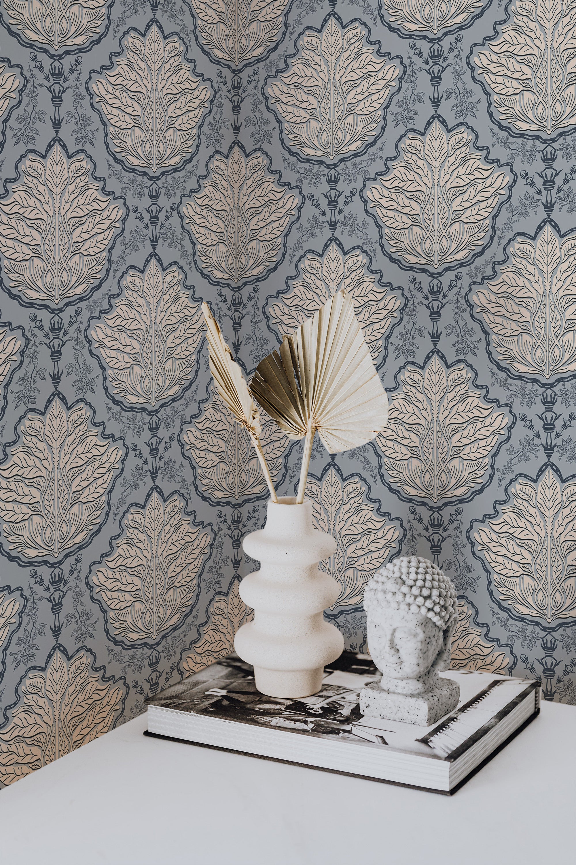 wallpaper for walls blue and beige botanical elegance by sara t pattern modern sophisticated vase statue home decor