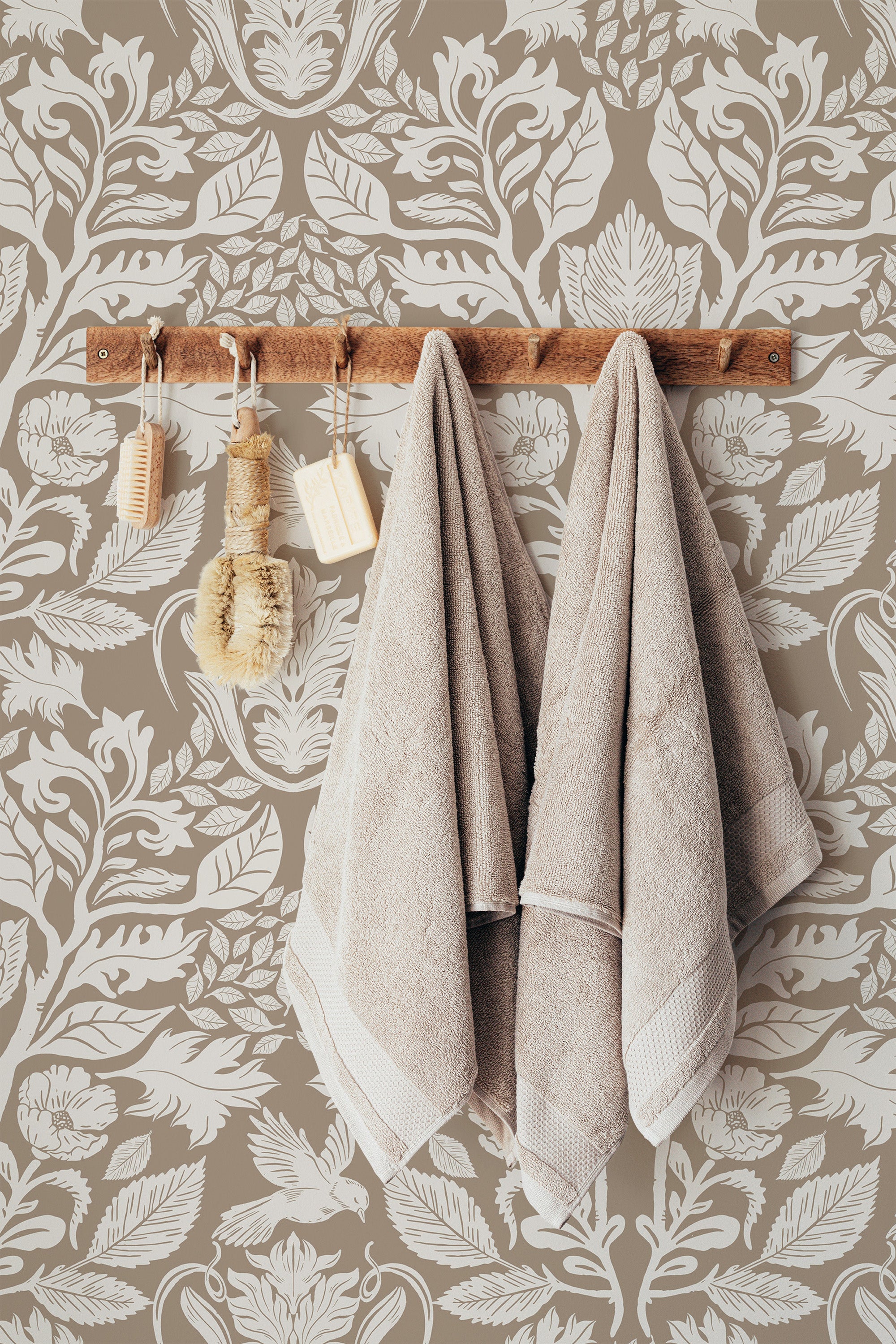stick and peel wallpaper brown and beige gardens by sara t pattern bathroom brush soap towel accessory wall