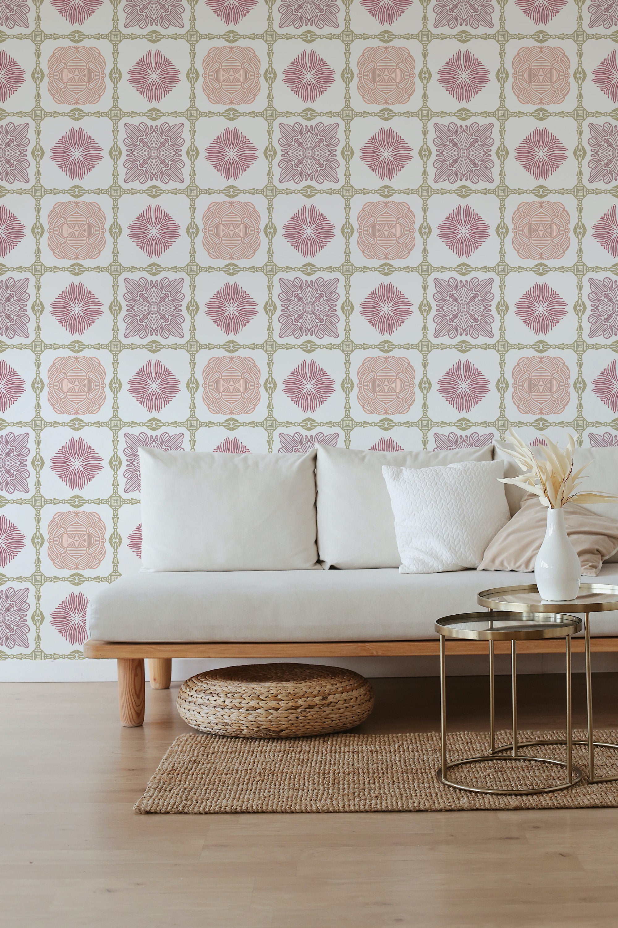 self stick wallpaper pink and white heritage tiles by sara t pattern living room elegant sofa coffee table