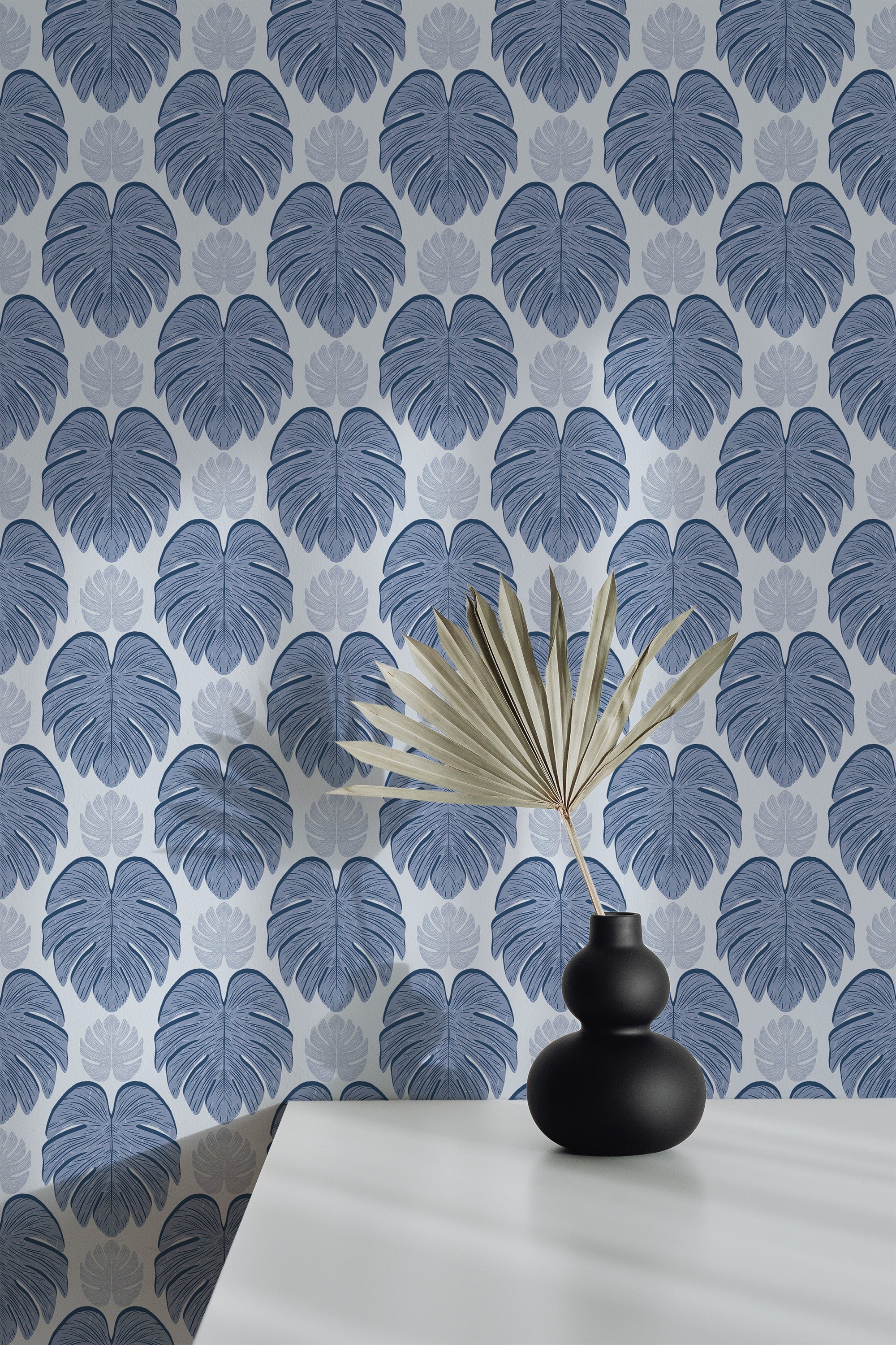 wallpaper peel and stick accent wall blue monstera by sara t pattern decorative vase plant