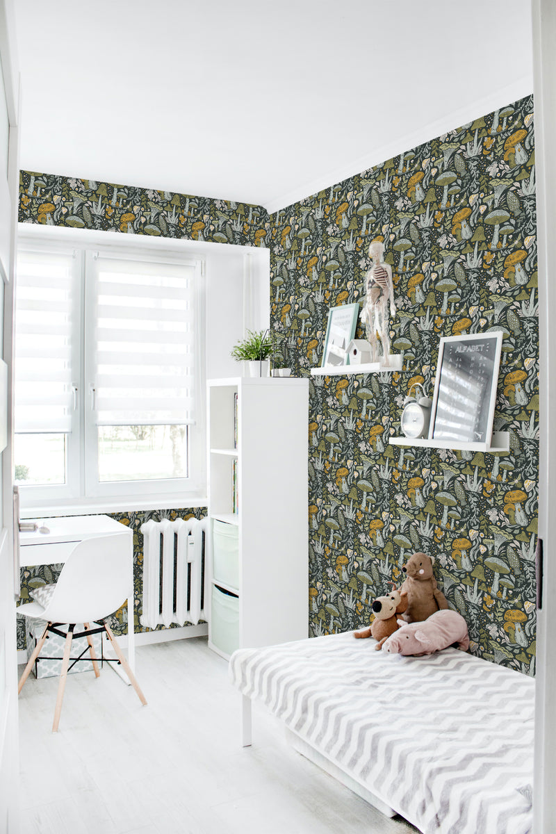 removable wallpaper aesthetic mushrooms by sara t pattern kids room desk bed bookshelf toys