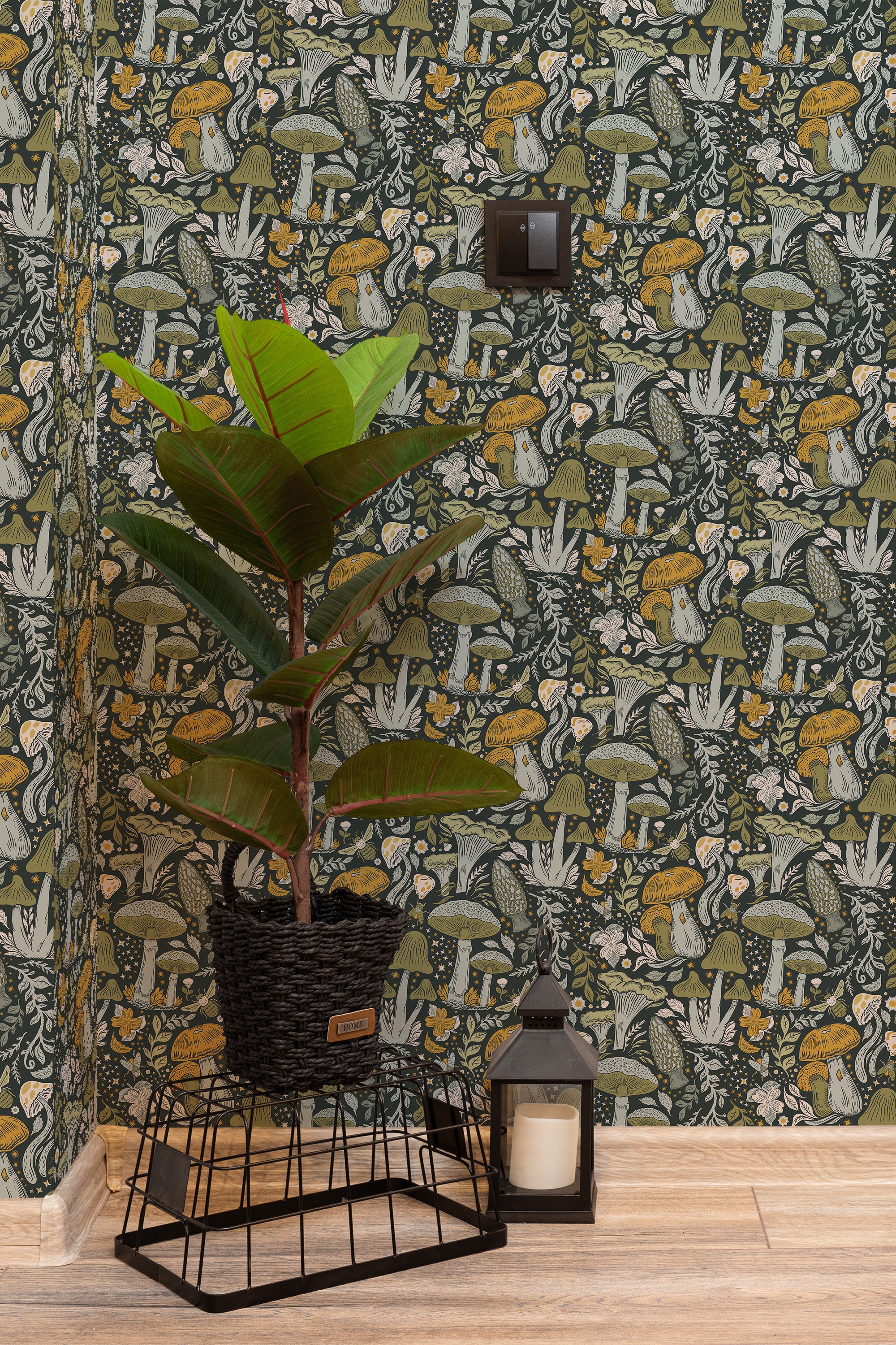 hallway interior green plant black lantern aesthetic mushrooms by sara t temporary wallpaper