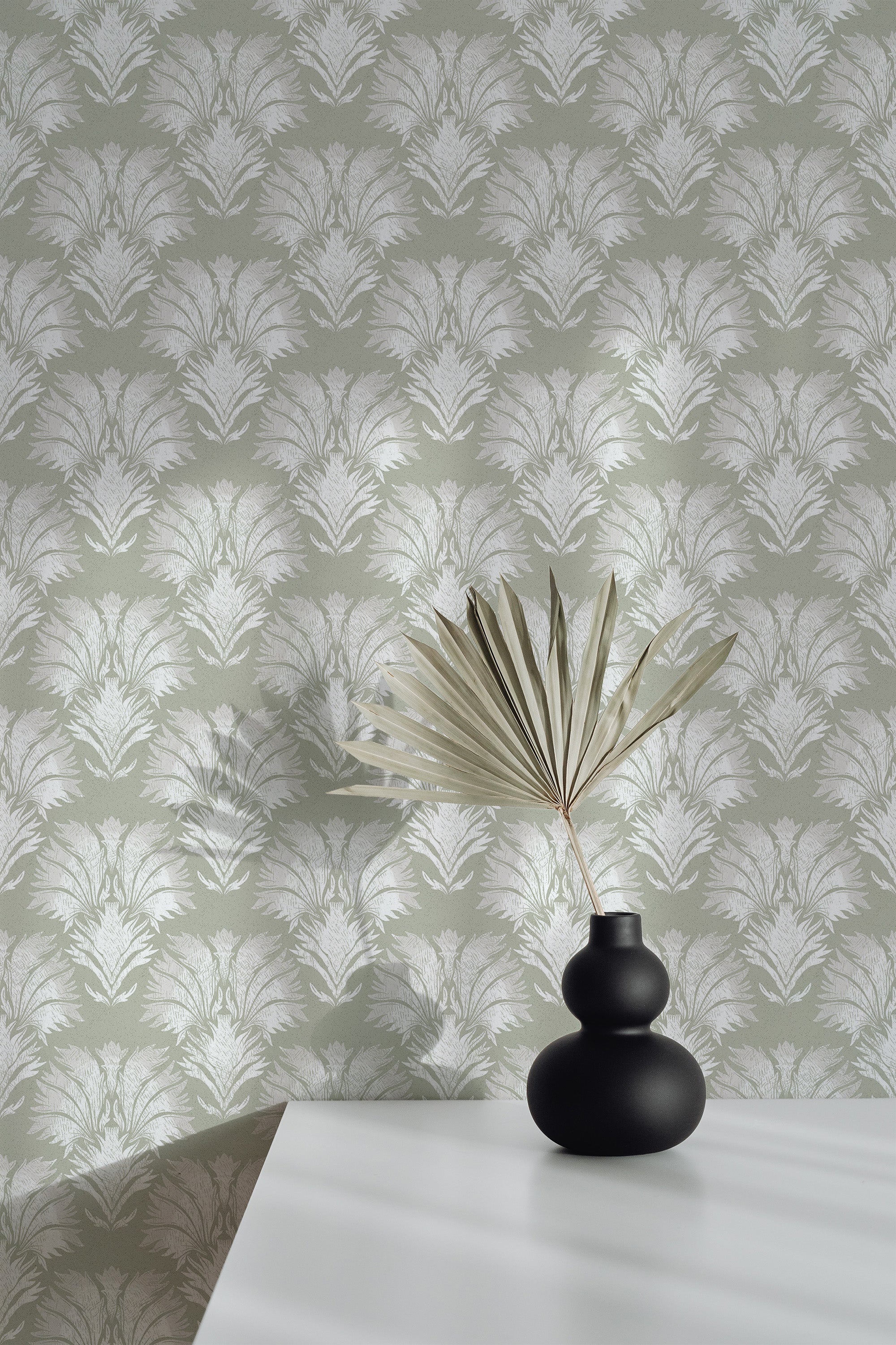 wallpaper peel and stick accent wall sage green regal by sara t pattern decorative vase plant
