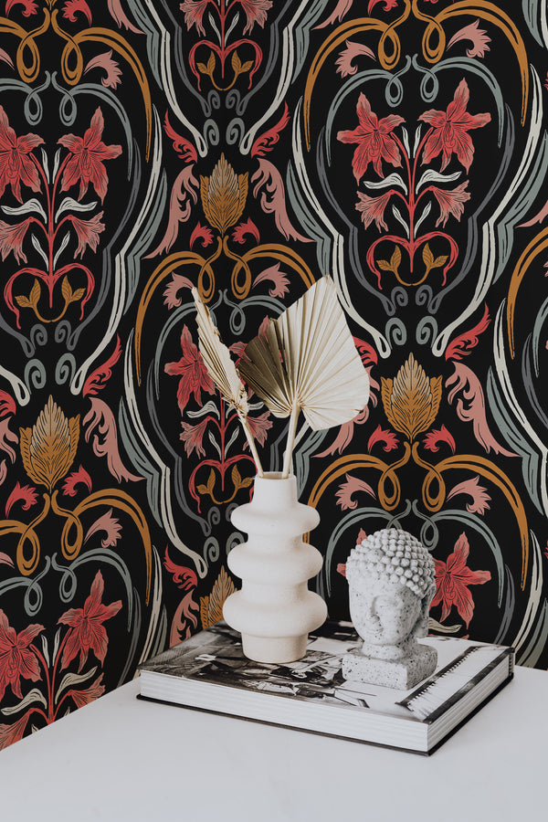 wallpaper for walls colorful dark regal floral by sara t pattern modern sophisticated vase statue home decor