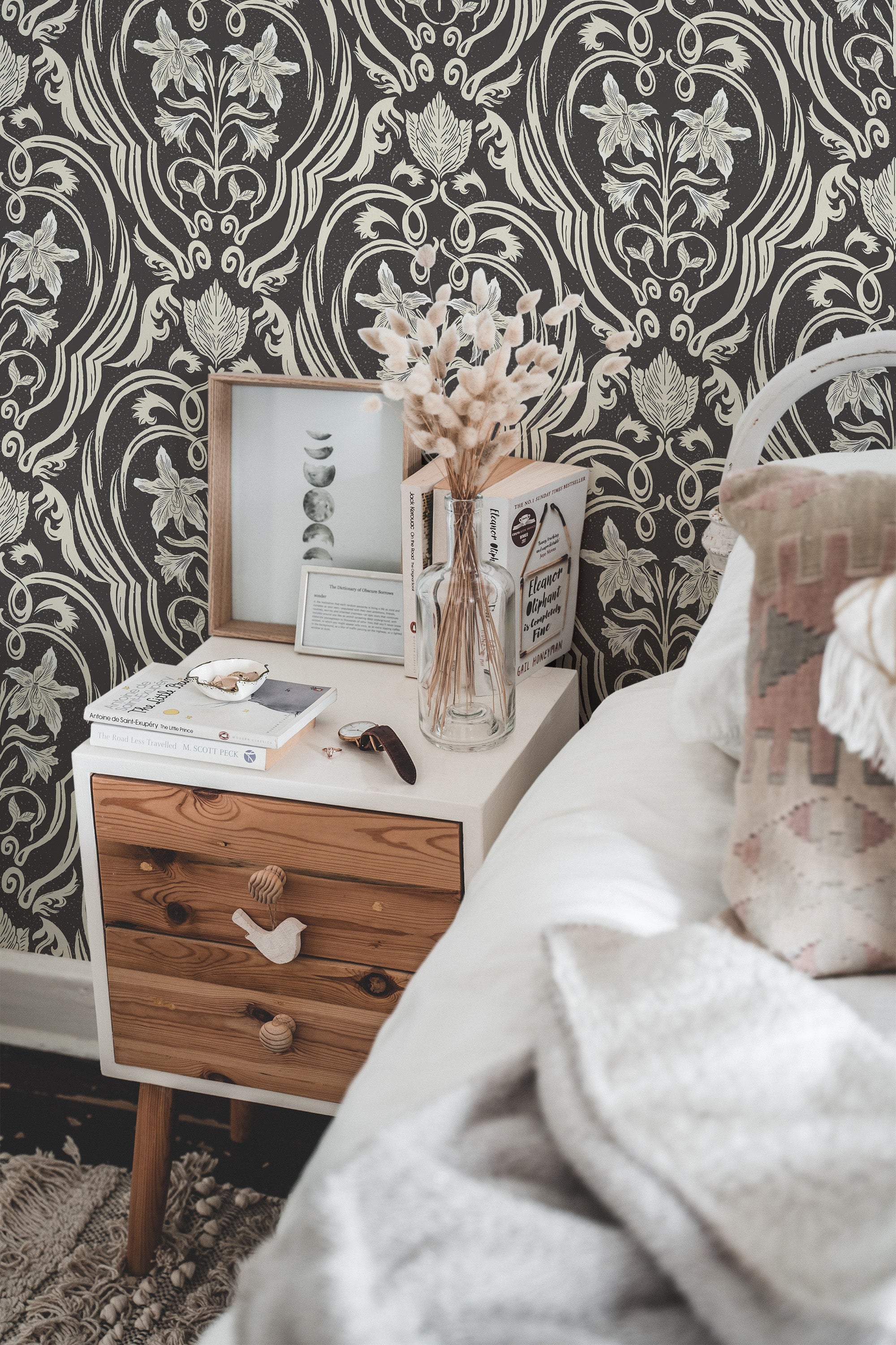 chic bedroom interior nightstand picture frame decor two tone regal floral pattern by sara t traditional wallpaper