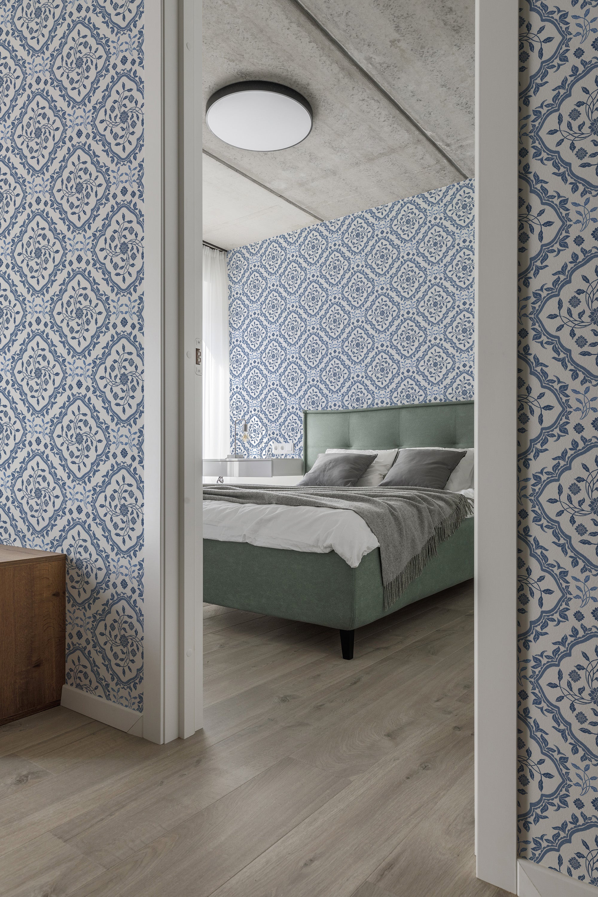 modern bedroom cushions concrete ceiling blue and white floral pattern by sara t accent wall