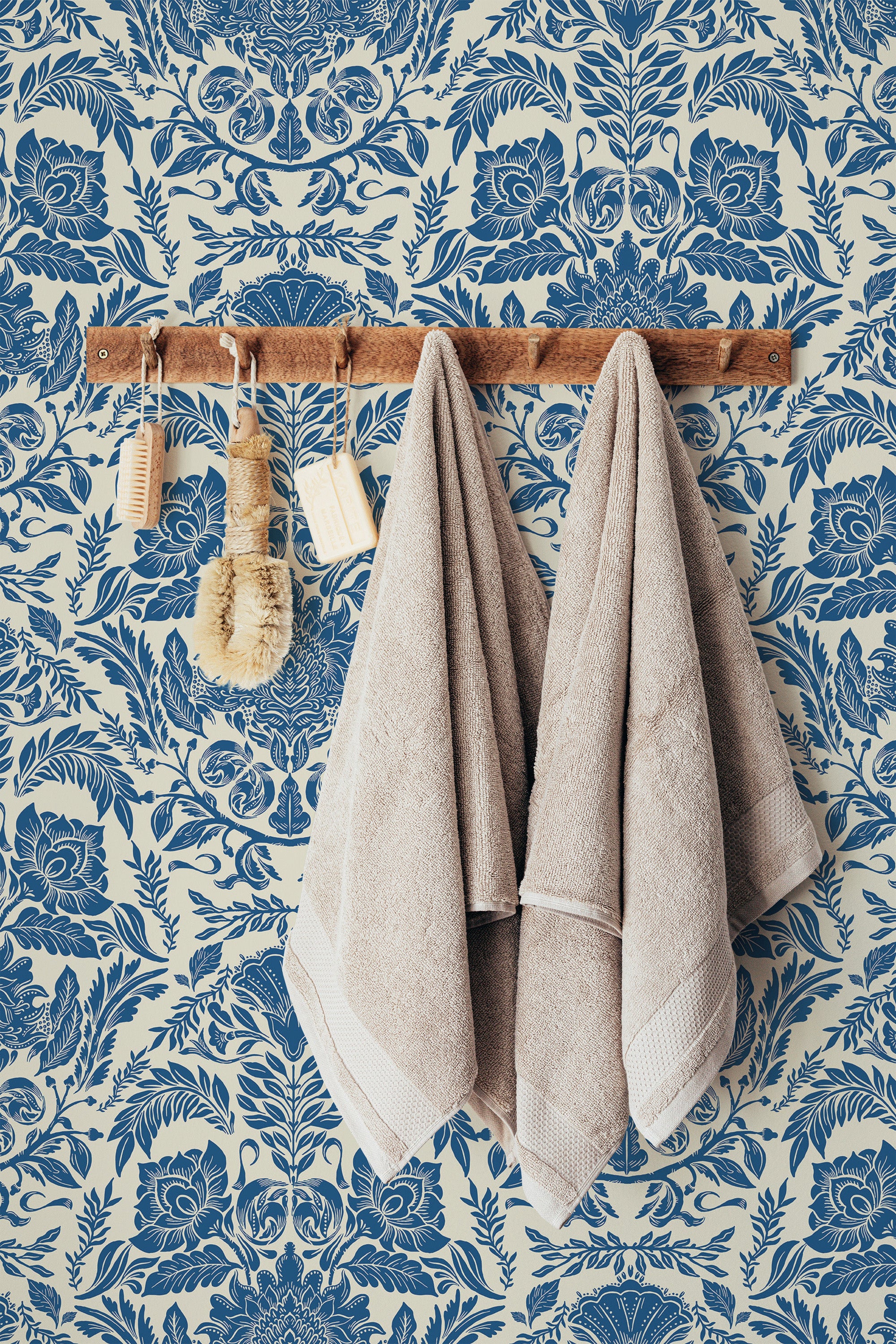 stick and peel wallpaper royal garden in blue by sara t pattern bathroom brush soap towel accessory wall