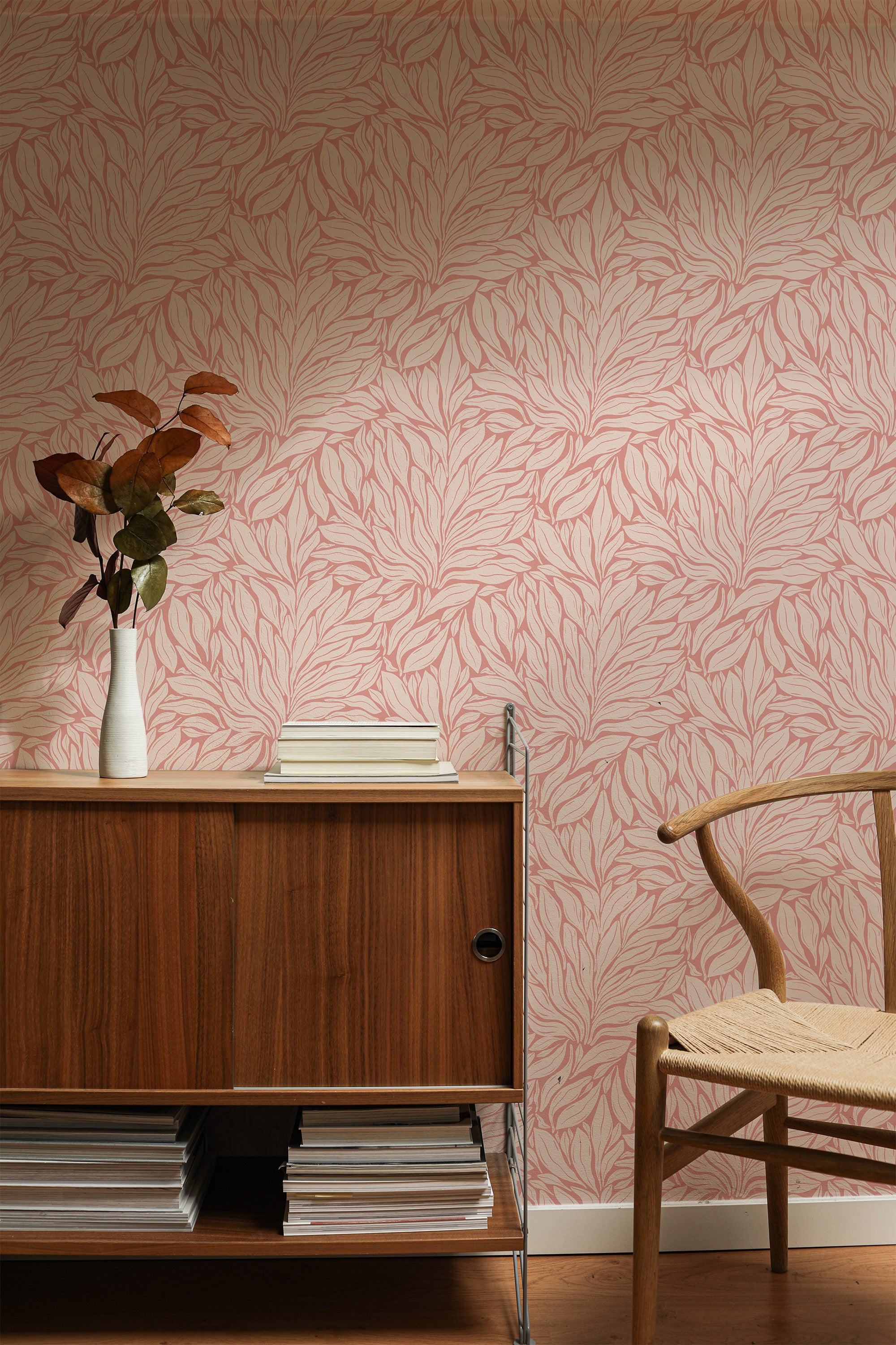 traditional wallpaper pink and peach terra folia by sara t pattern accent wall sophisticated living room interior