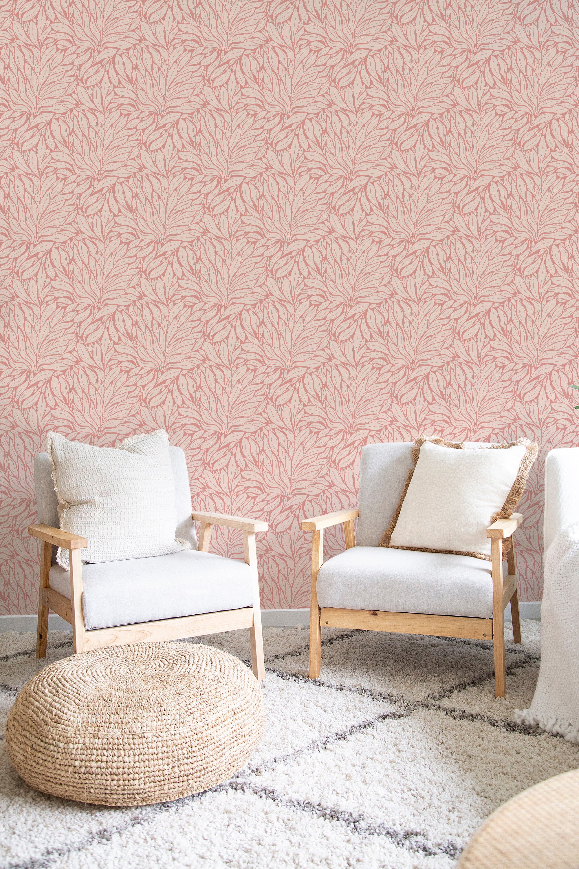 cozy living room soft armchairs pillows pink and peach terra folia by sara t wall decor