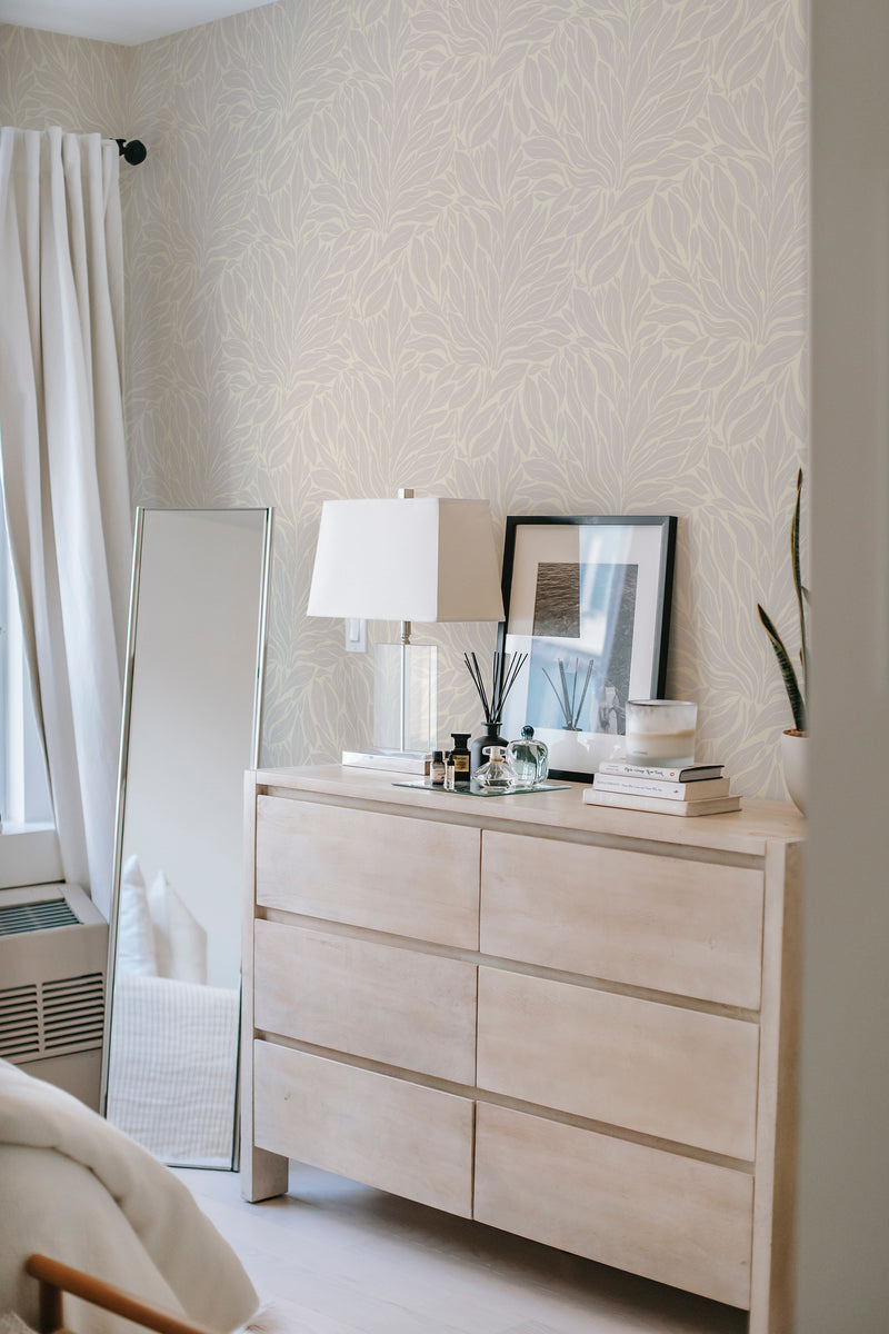         
peel and stick wallpaper light terra folia by sara t accent wall bedroom dresser mirror minimalist interior