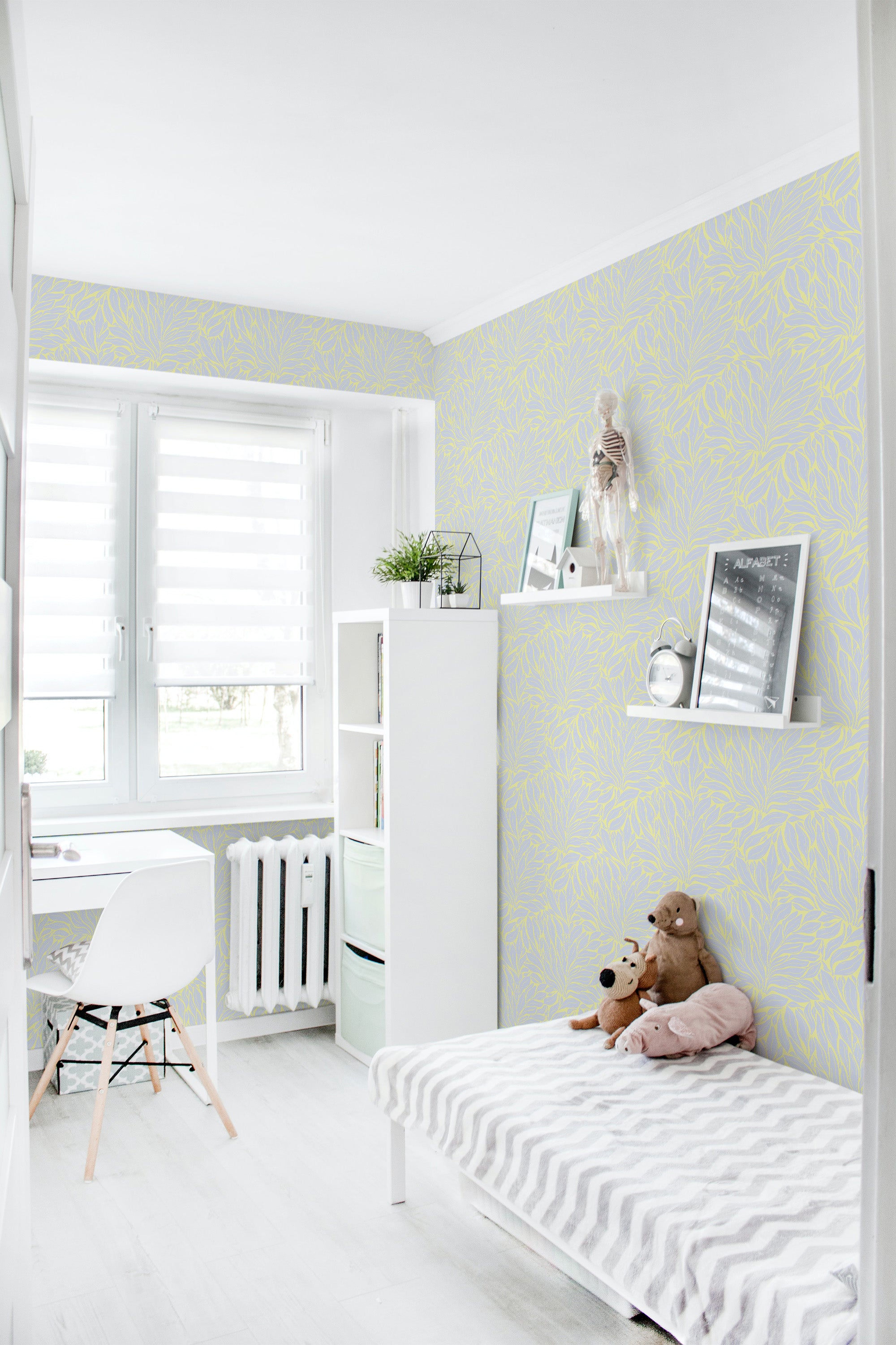 removable wallpaper green and gray terra folia by sara t pattern kids room desk bed bookshelf toys