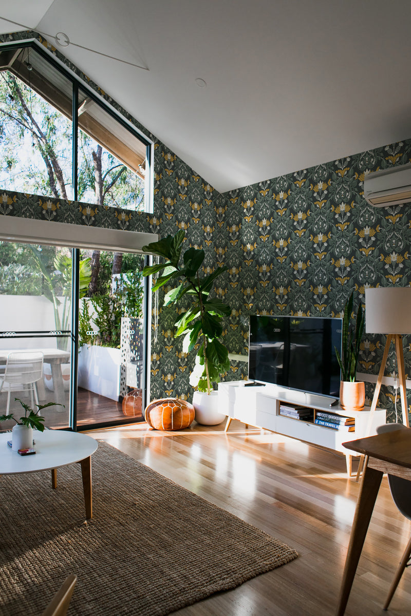 minimalist house terrace green plants living room dark verdant majesty by sara t stick and peel wallpaper
