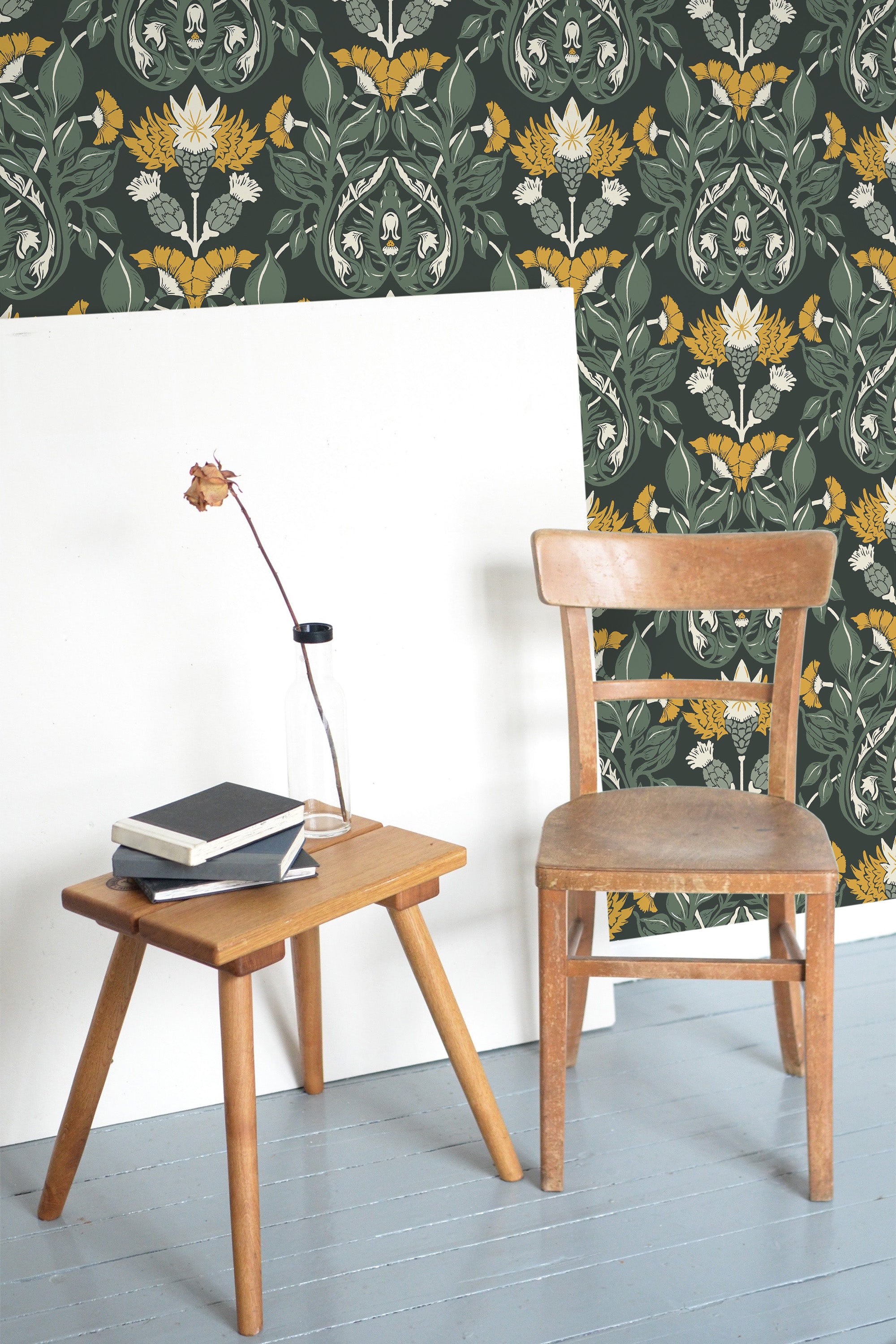 wooden table chair decorative plant blank canvas dark verdant majesty by sara t self adhesive wallpaper