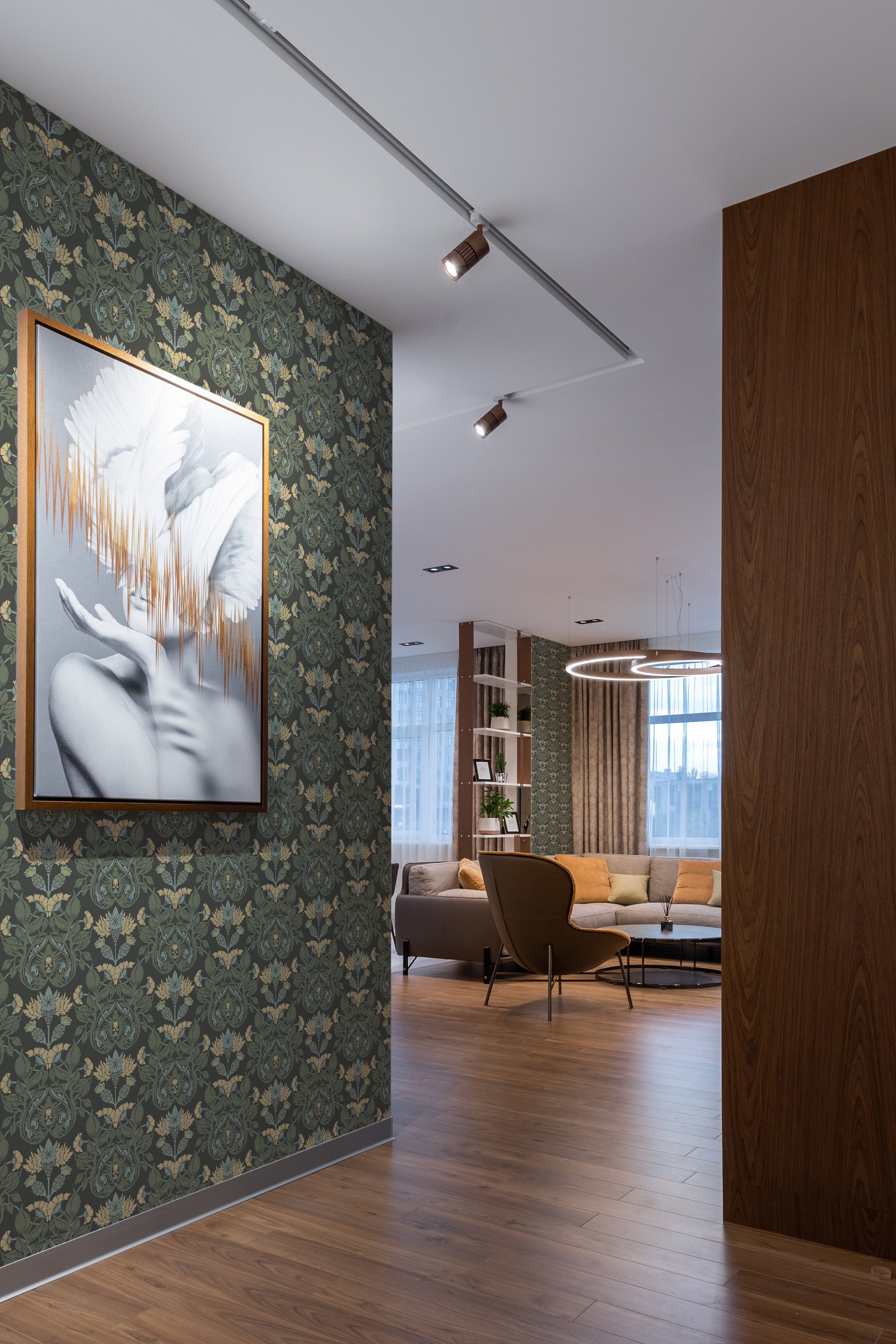 peel and stick removable wallpaper green and yellow aesthetic verdant by sara t pattern modern contemporary apartment living room interior