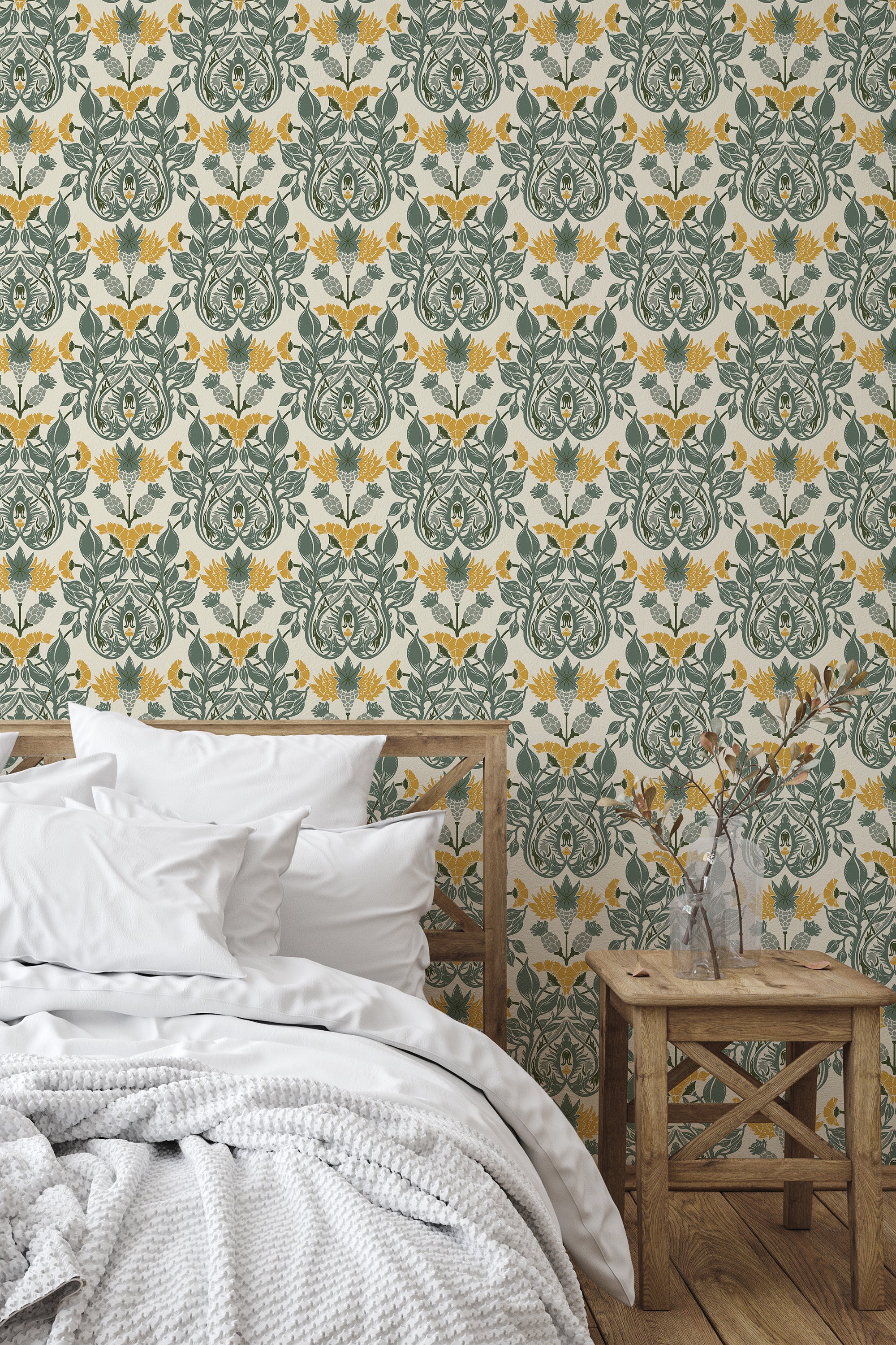 simple bedroom bed nightstand decorative vase light verdant majesty by sara t wall decor