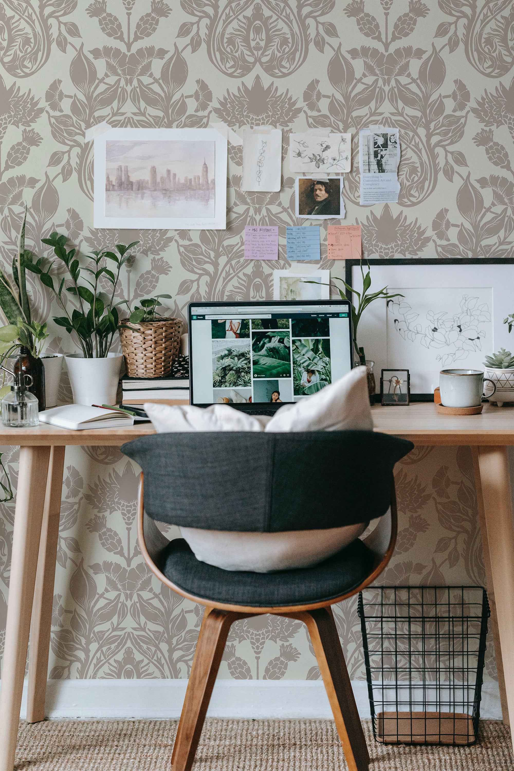 modern home office desk plants posters computer beige verdant majesty by sara t stick on wallpaper