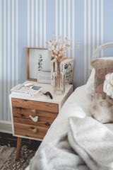 chic bedroom interior nightstand picture frame decor classic light blue stripes traditional wallpaper