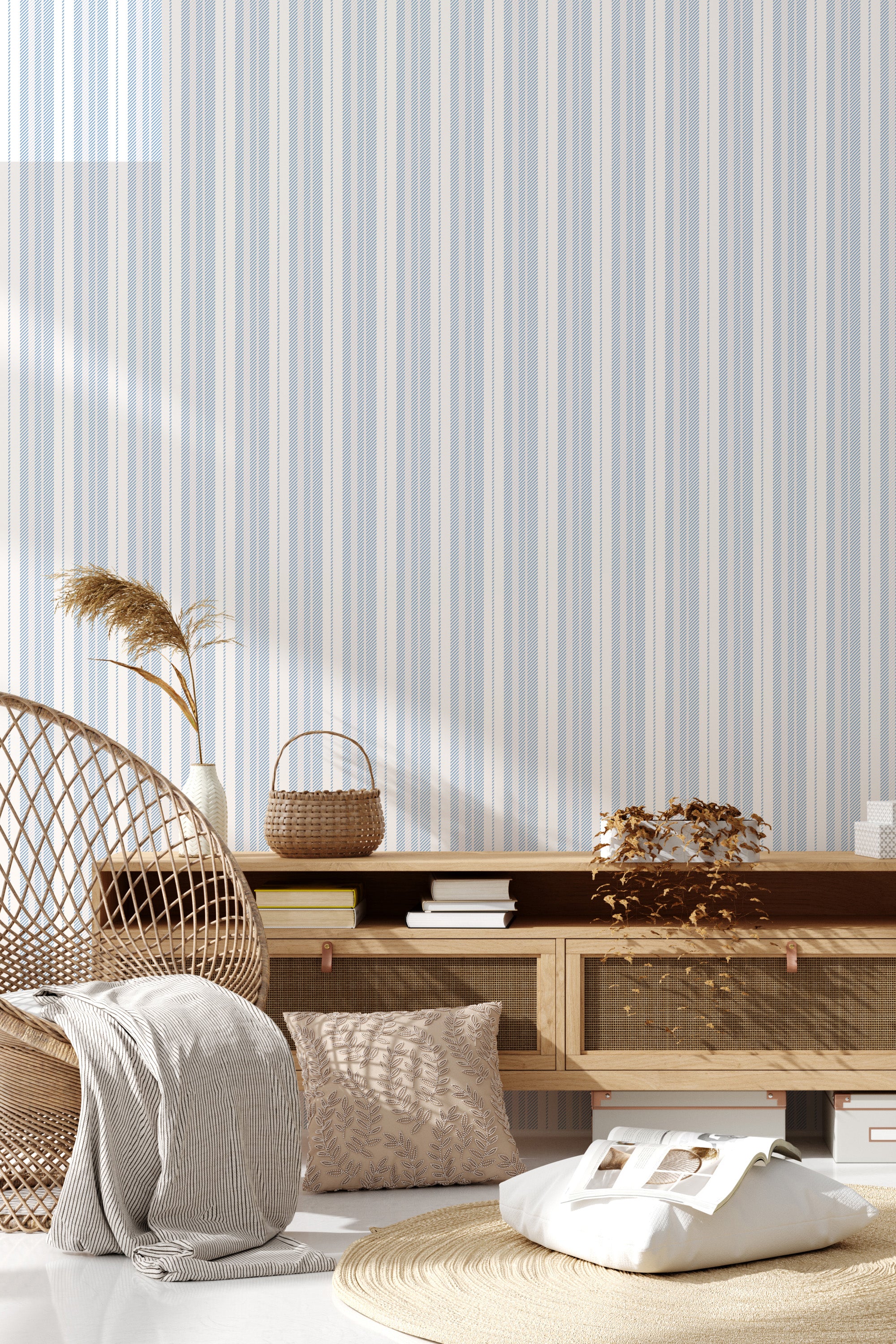 living room rattan furniture decorative plant blue stripes wall decor