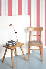 wooden table chair decorative plant blank canvas pink and beige cute french stripes self adhesive wallpaper